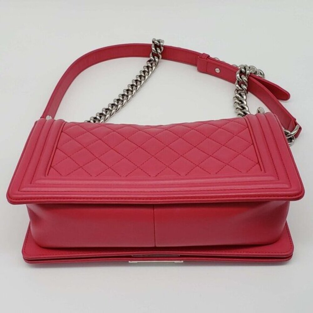 Authentic Chanel Boy Bag Red Quilted Leather Medium Flap Silver Chain CC Logo - Picture 8 of 16